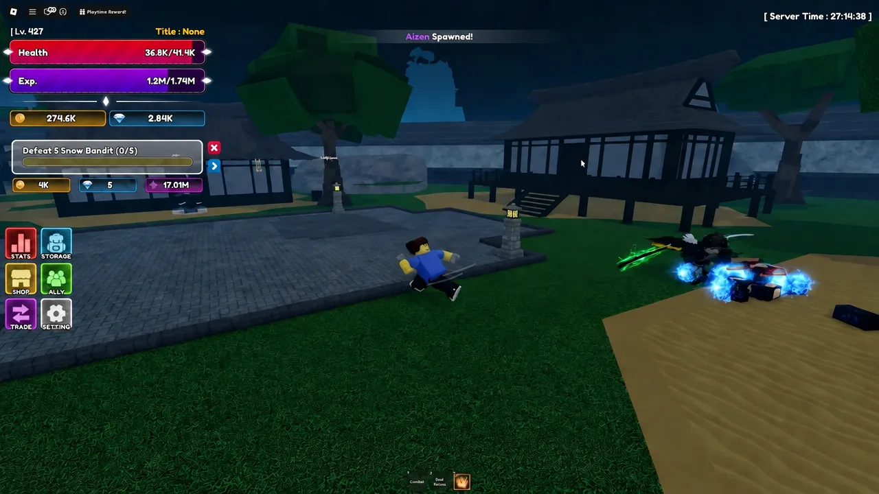 Player character trading blows with a Snow Bandit during a repeat farming run