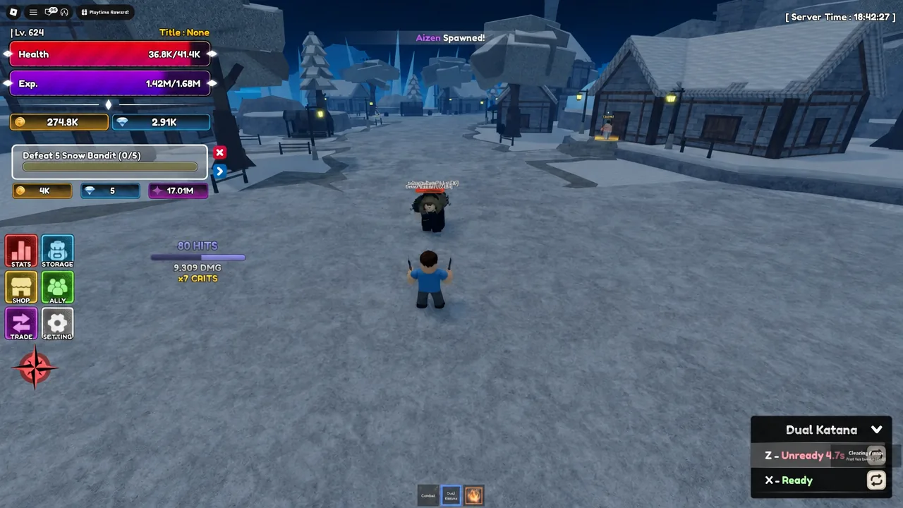 Player fighting a Snow Bandit on Frostborn Island with the quest tracker visible