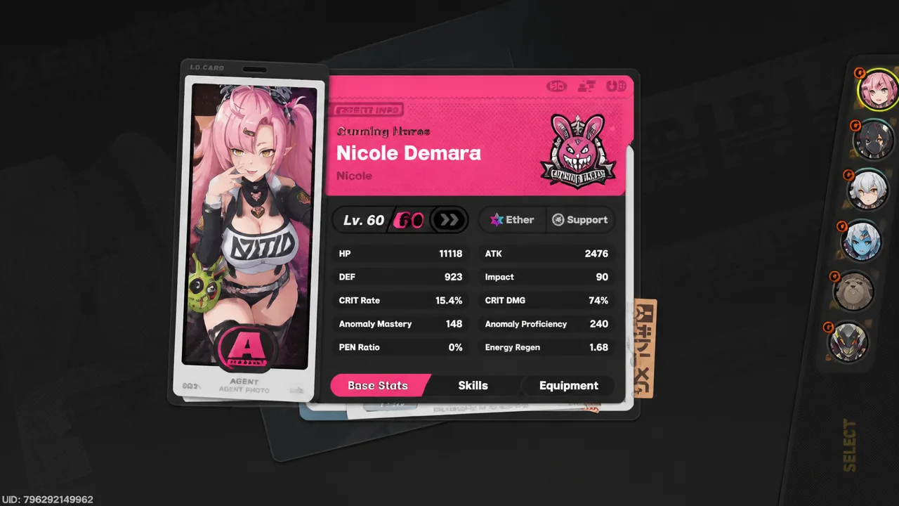 Character details menu with the base stats tab selected, listing the unit's core numbers