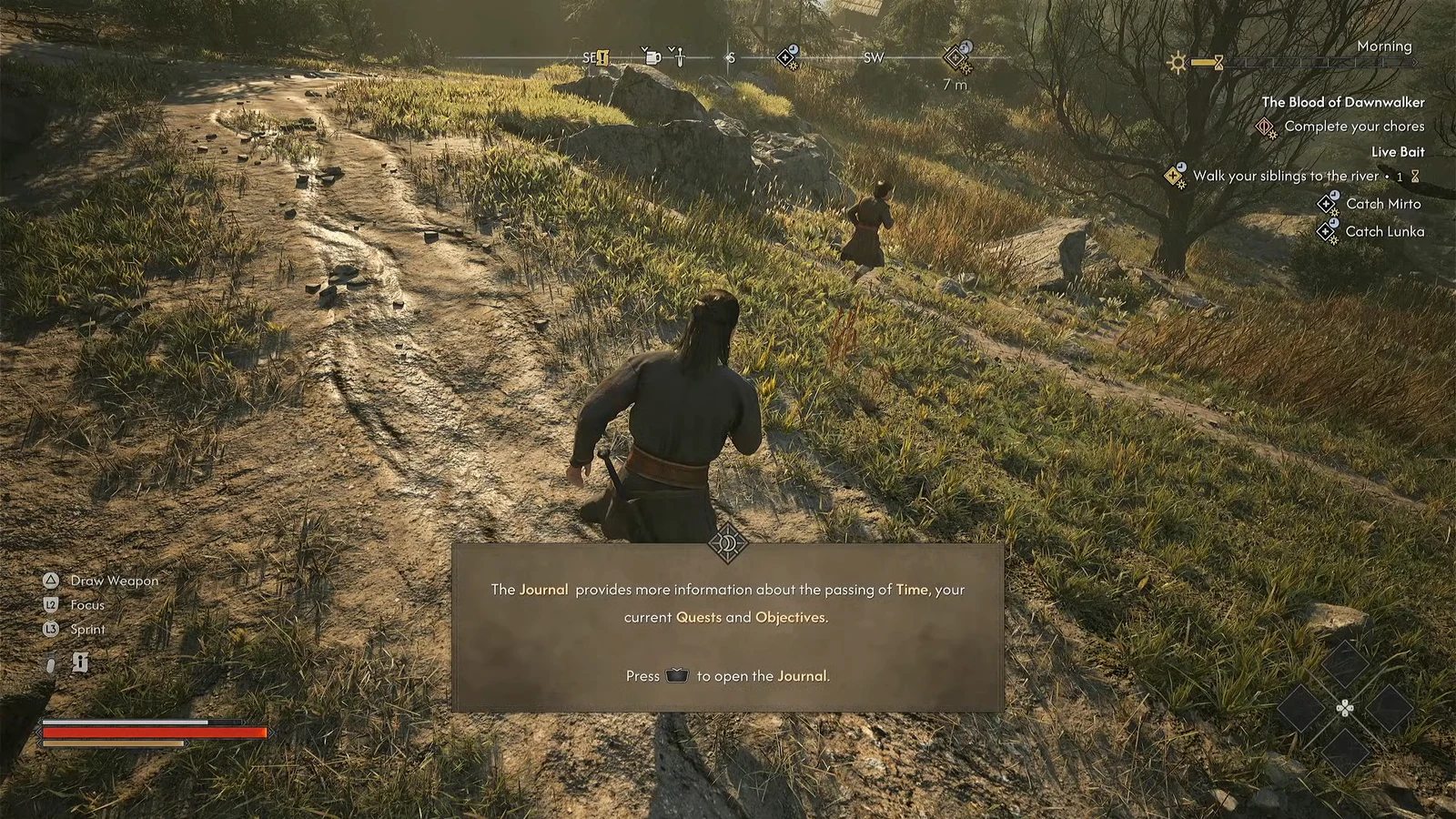 Journal tutorial prompt telling the player which button opens quests and objectives