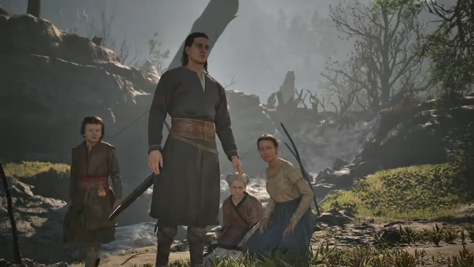 Brencis's Officer questioning Coen at the riverbank while the siblings look on