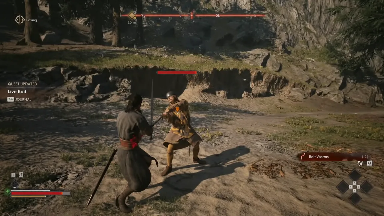 Coen trading sword blows with the marked officer as the quest tracker updates
