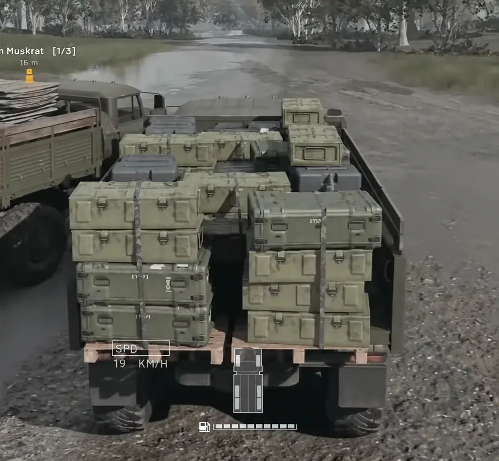 Driving HUD showing a compass heading of 344 N as a loaded cargo truck follows a forest road