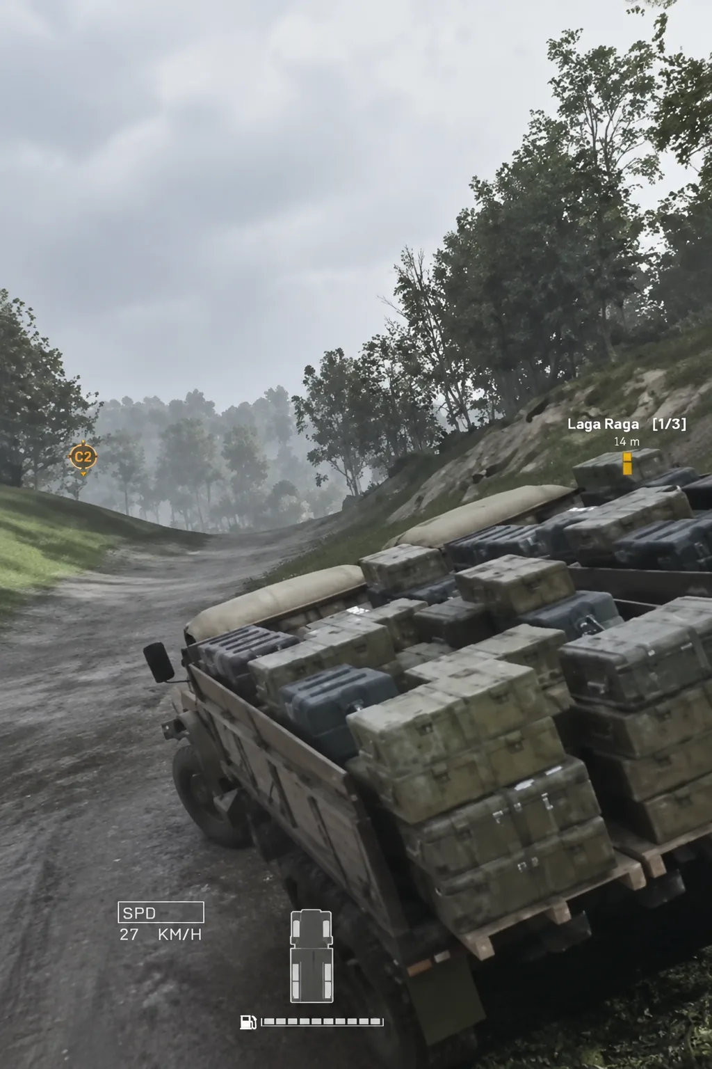 Loaded truck driving toward a highlighted objective marker reading Laga Raga