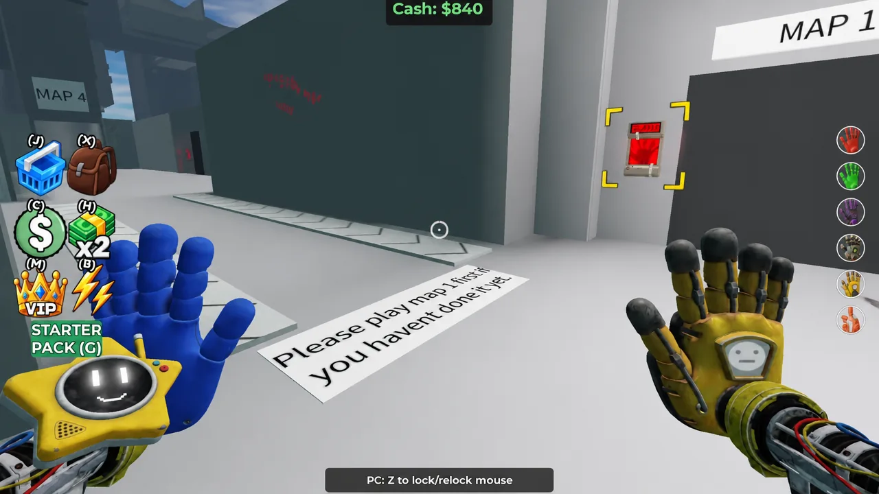 MAP 1 screen showing the highlighted red wall button as the player activates it