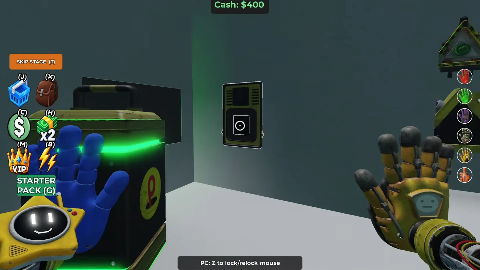 Player aiming the GrabPack hand at a wall-mounted control panel near the Map 1 exit