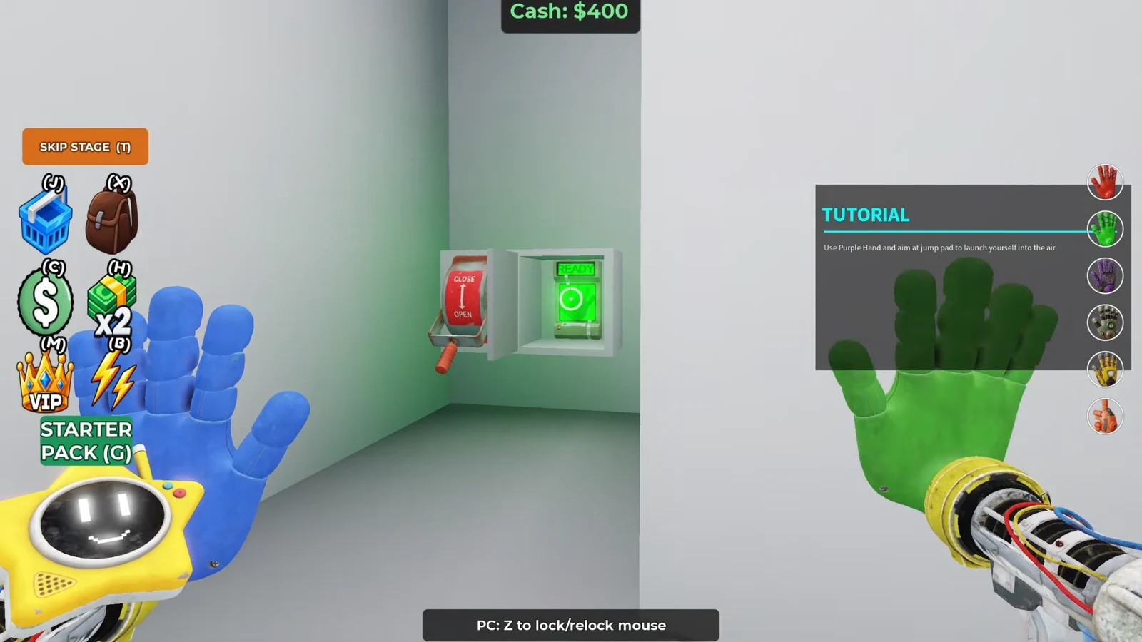 Tutorial panel telling the player to use the Purple Hand on a jump pad to launch into the air