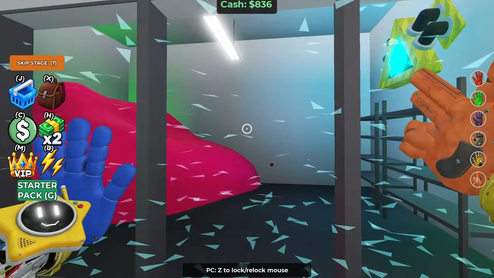 First-person view of the orange GrabPack hand aimed through shattered glass with mouse-lock text on screen