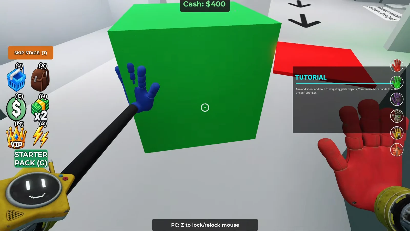 Tutorial panel explaining how to aim and shoot to drag the green block using both hands
