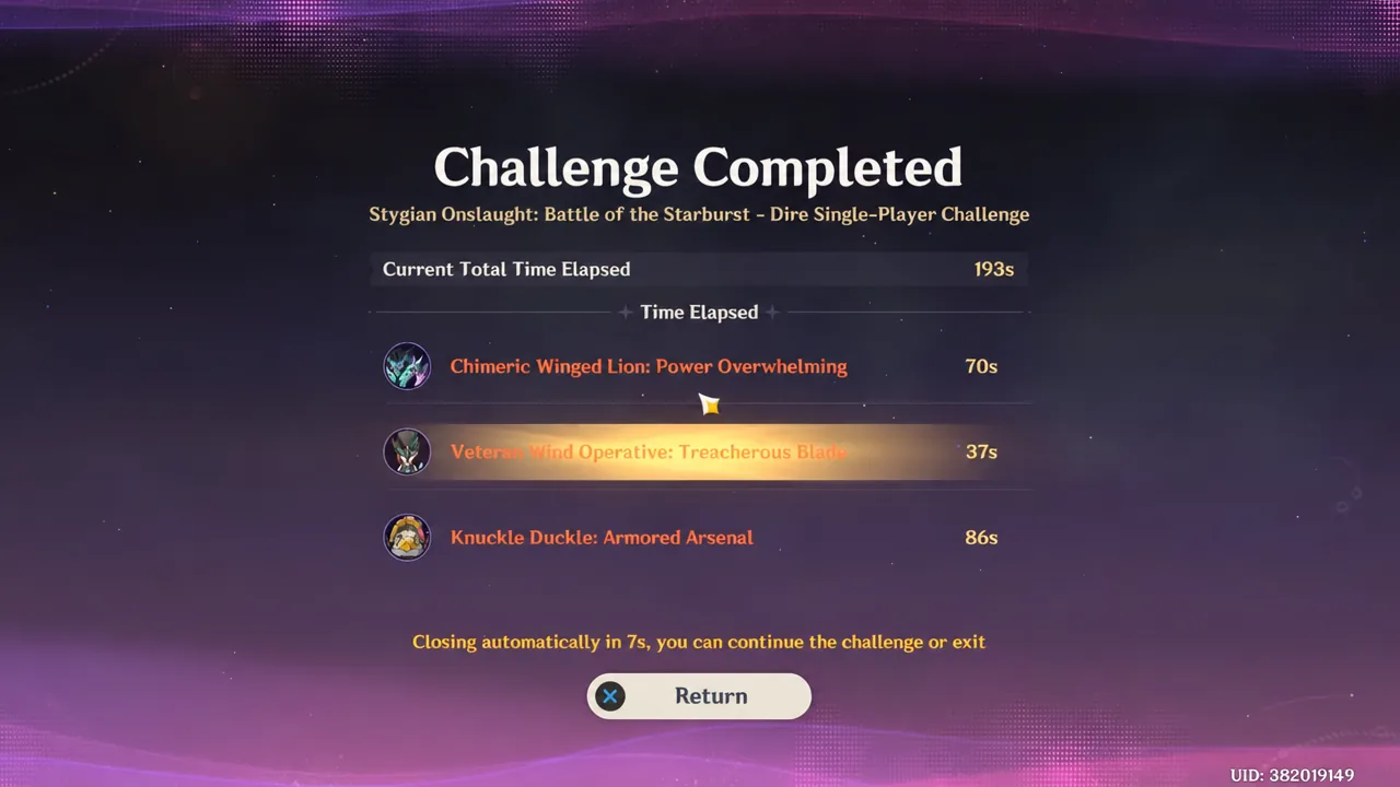 Challenge Completed results screen after defeating the Veteran Wind Operative