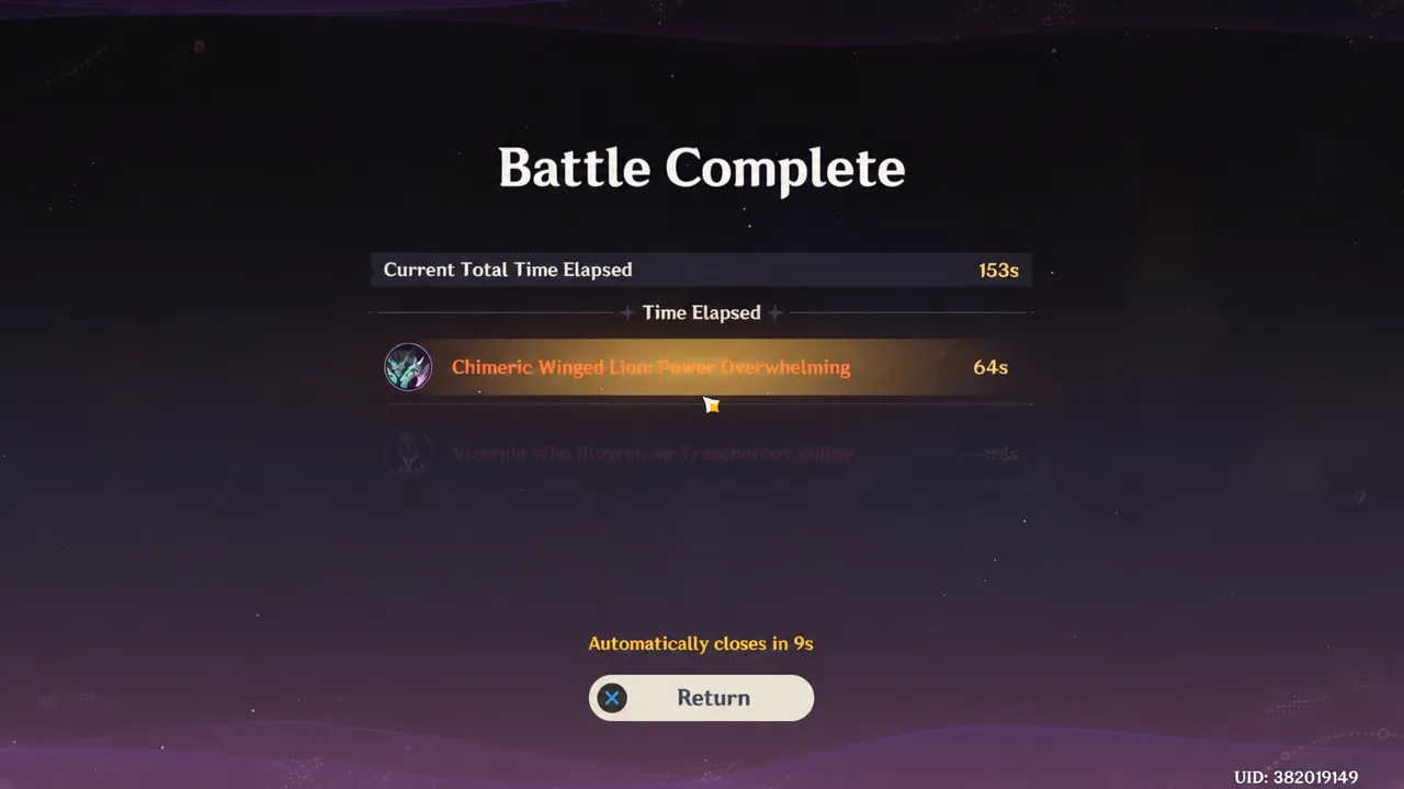 Battle Complete screen showing the Chimeric Winged Lion clear with elapsed time