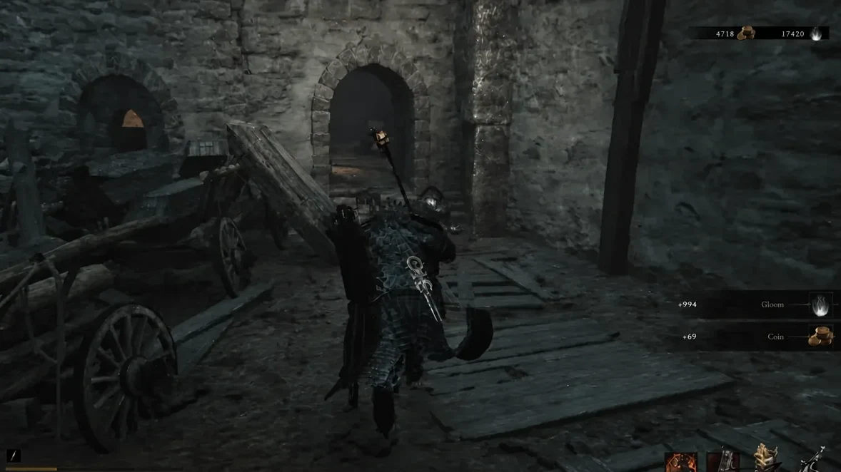 Player pushing through a stone interior as Gloom and Coin reward popups stack on the HUD