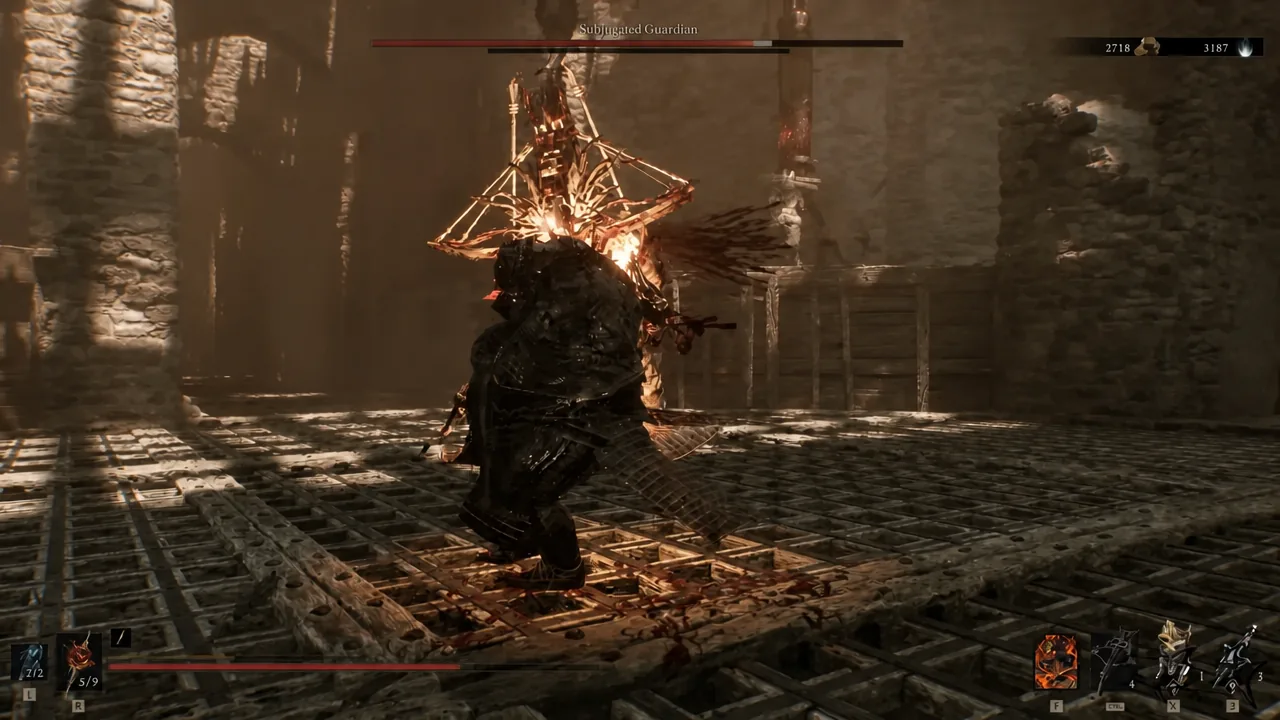 Fighting the Subjugated Guardian at close range as its boss health bar drains