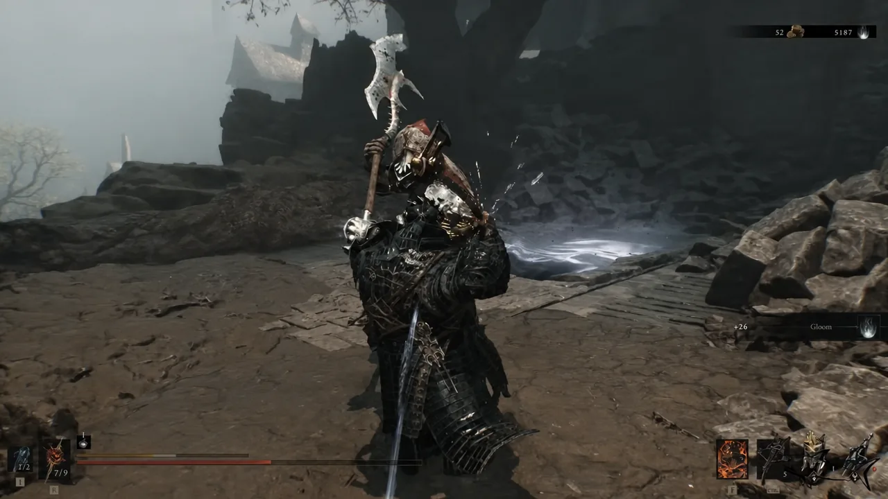 Armored character fighting inside a crypt corridor with a Gloom gain popup on the right of the HUD