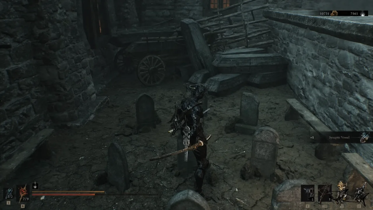 Player standing among gravestones as the Synaptic Vessel pickup notification appears on screen