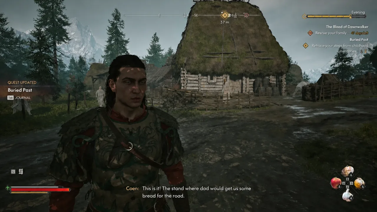 Quest updated notification for Buried Past on the gameplay screen with the journal prompt visible