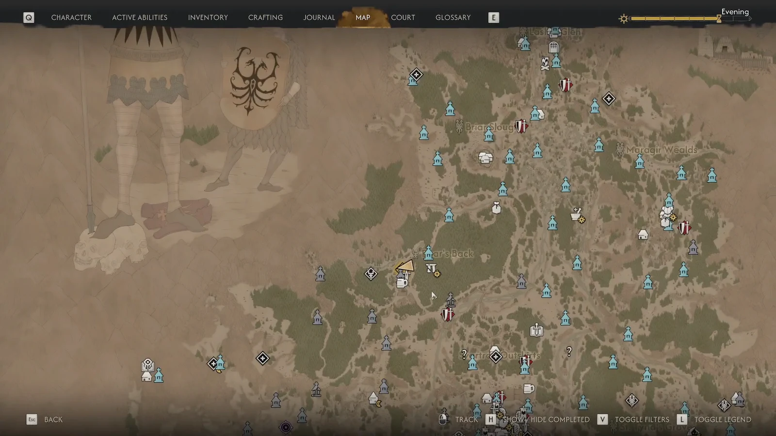 World map open with quest and fast-travel markers, cursor near the village of Parlita
