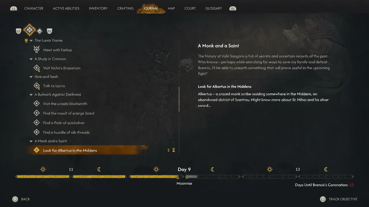 Journal entry for A Monk and a Saint listing the objective to look for Albertus in the Middens