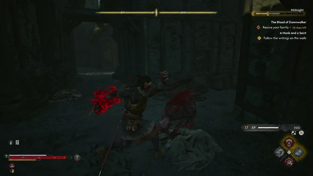 Coen swinging at a wolf-like beast in the Middens with the quest tracker on screen