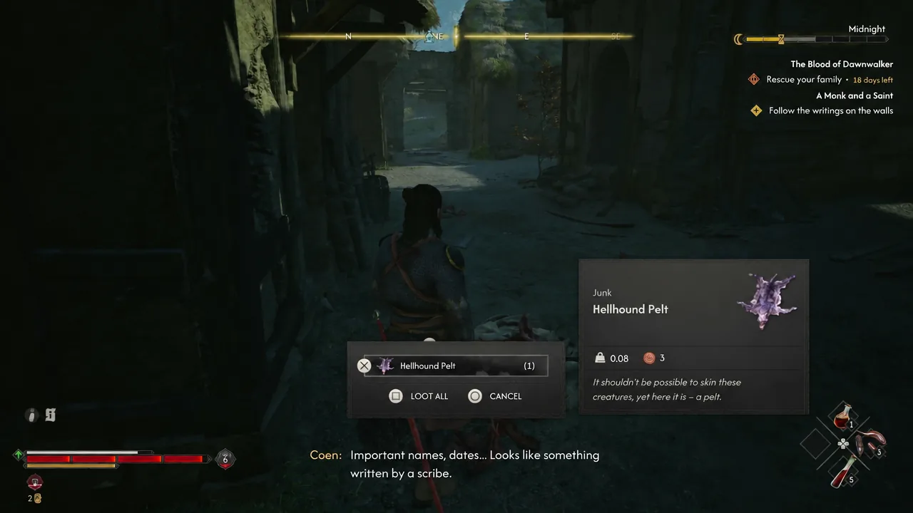 Loot prompt showing Hellhound Pelt with the Loot All option available