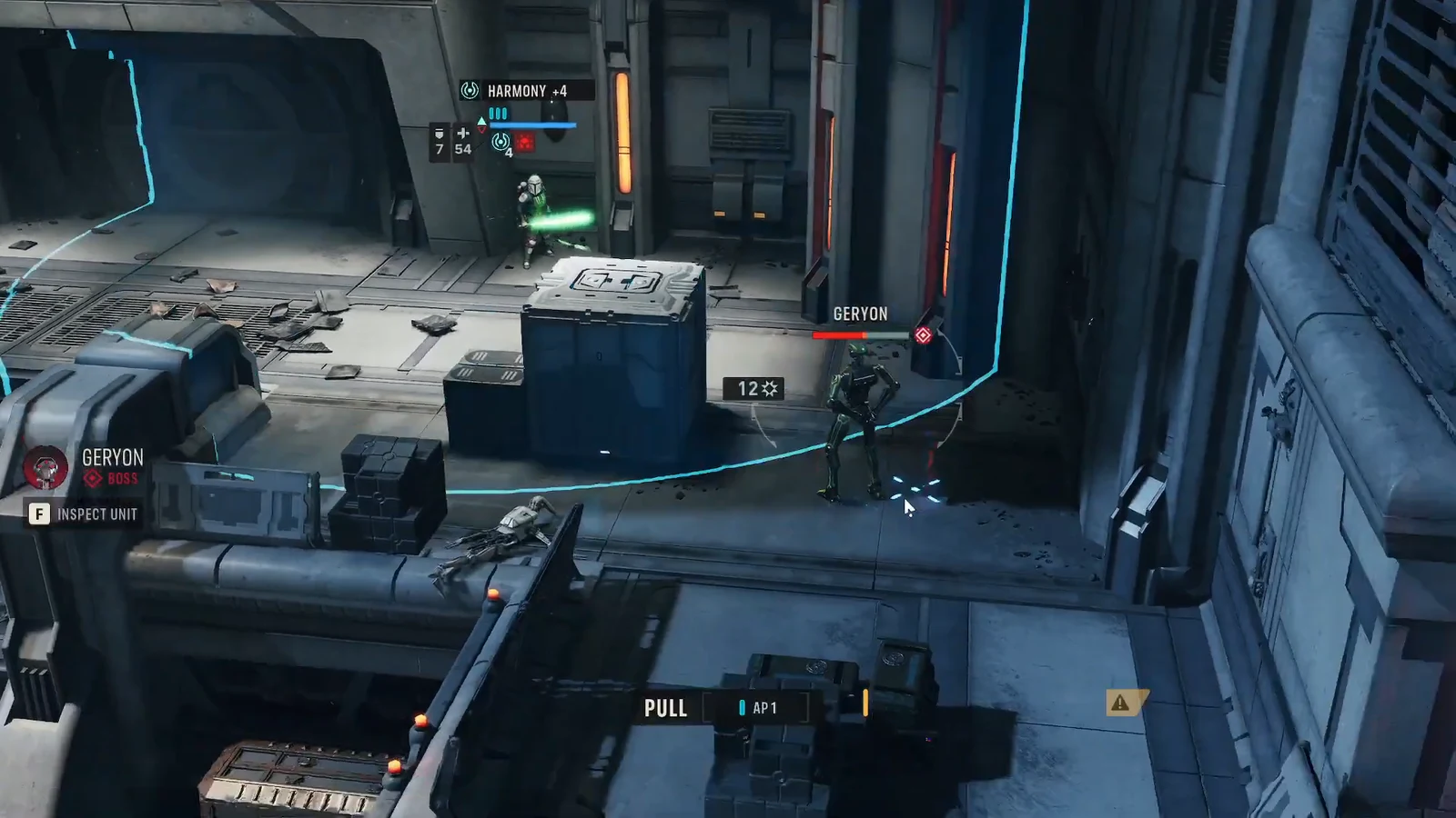 Pull ability selected for 1 AP with Geryon highlighted inside the blue targeting area