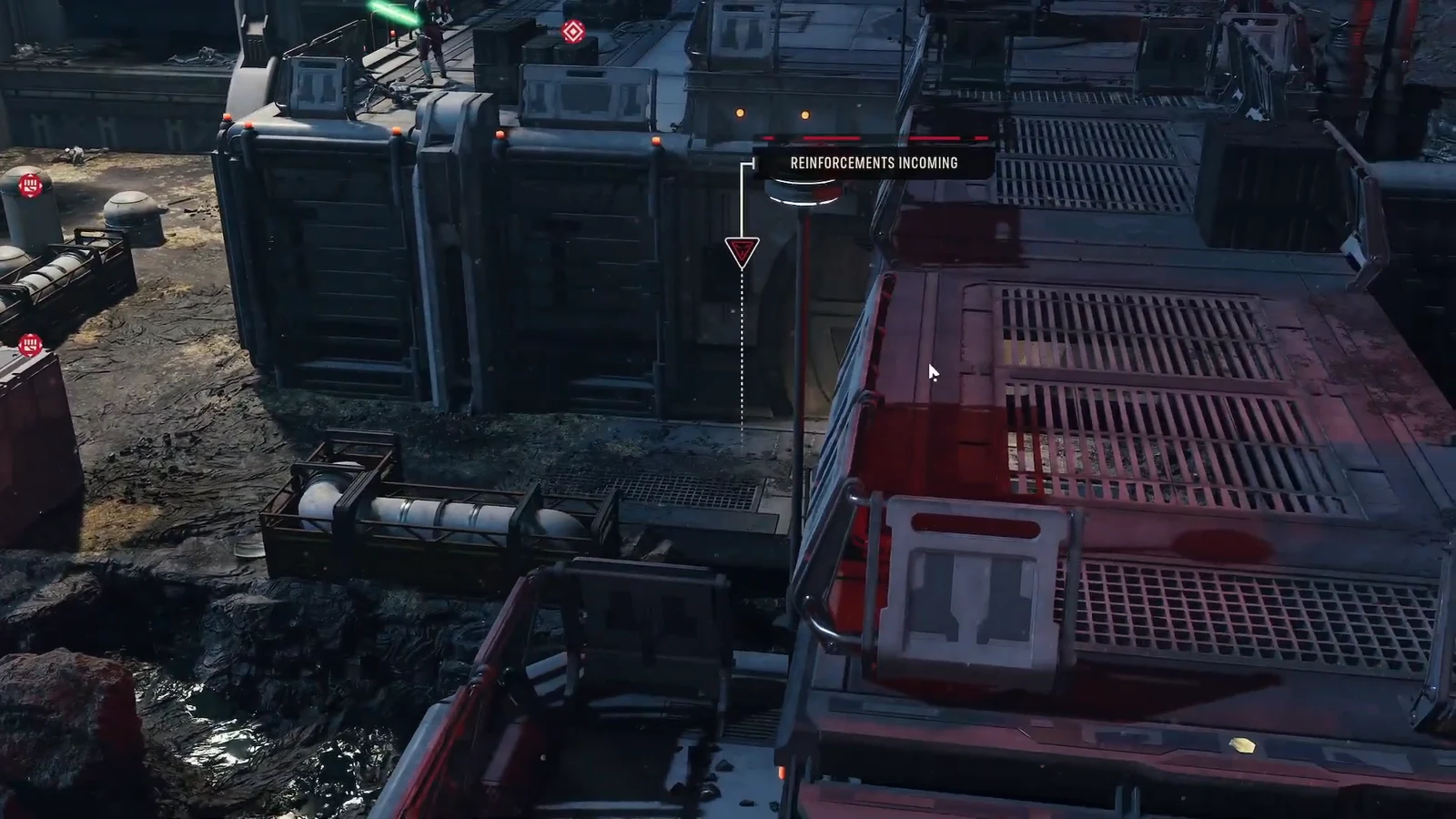 Combat screen showing the Reinforcements Incoming warning with a red marker on the map