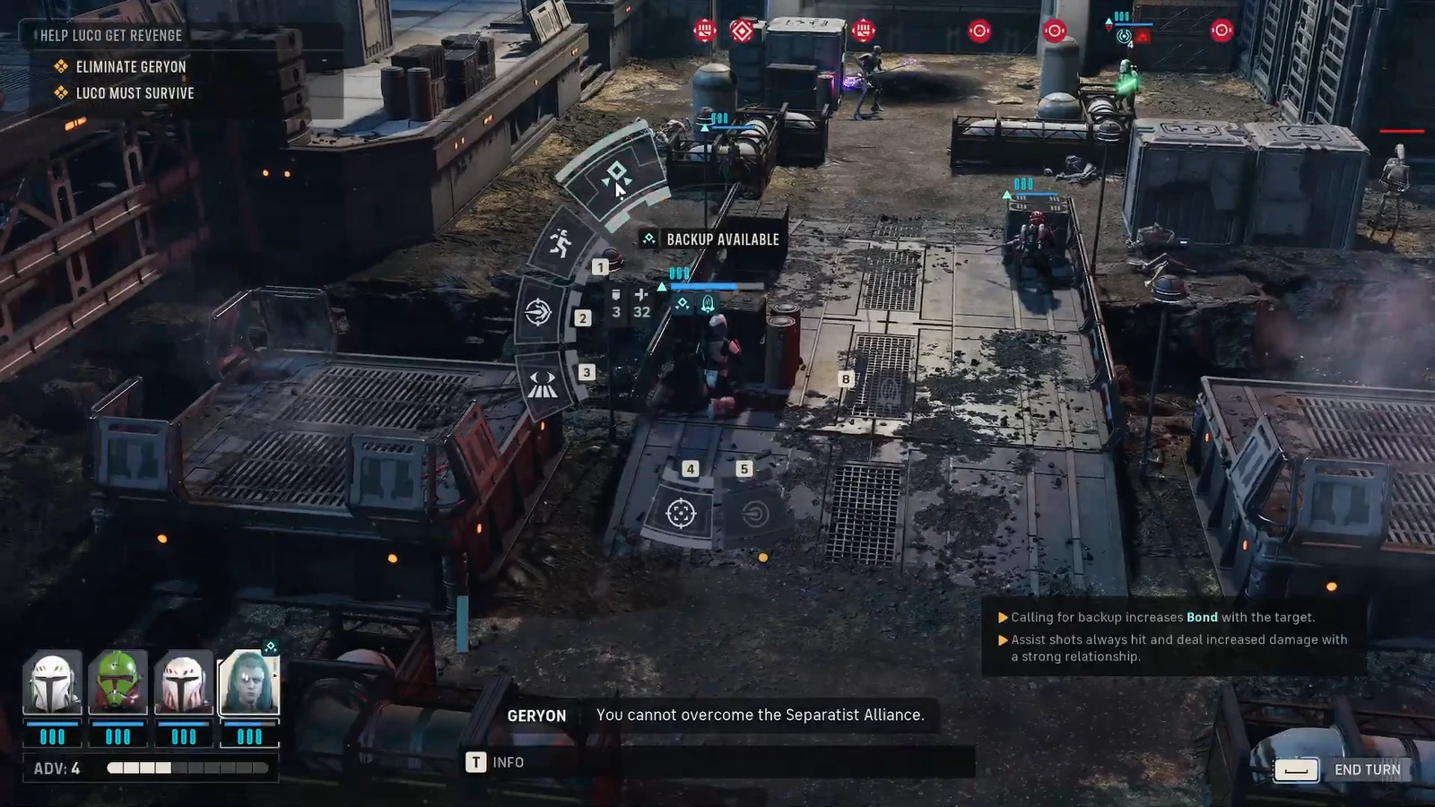 Radial command wheel with the Backup Available option highlighted during combat