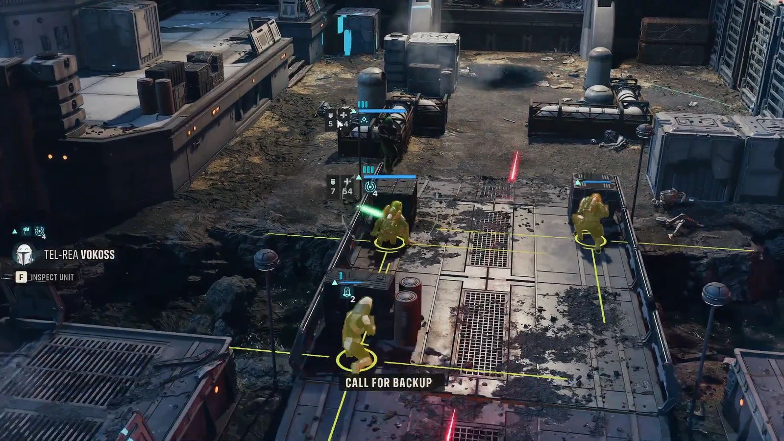 Combat screen with Call For Backup active and yellow movement paths marking selected units