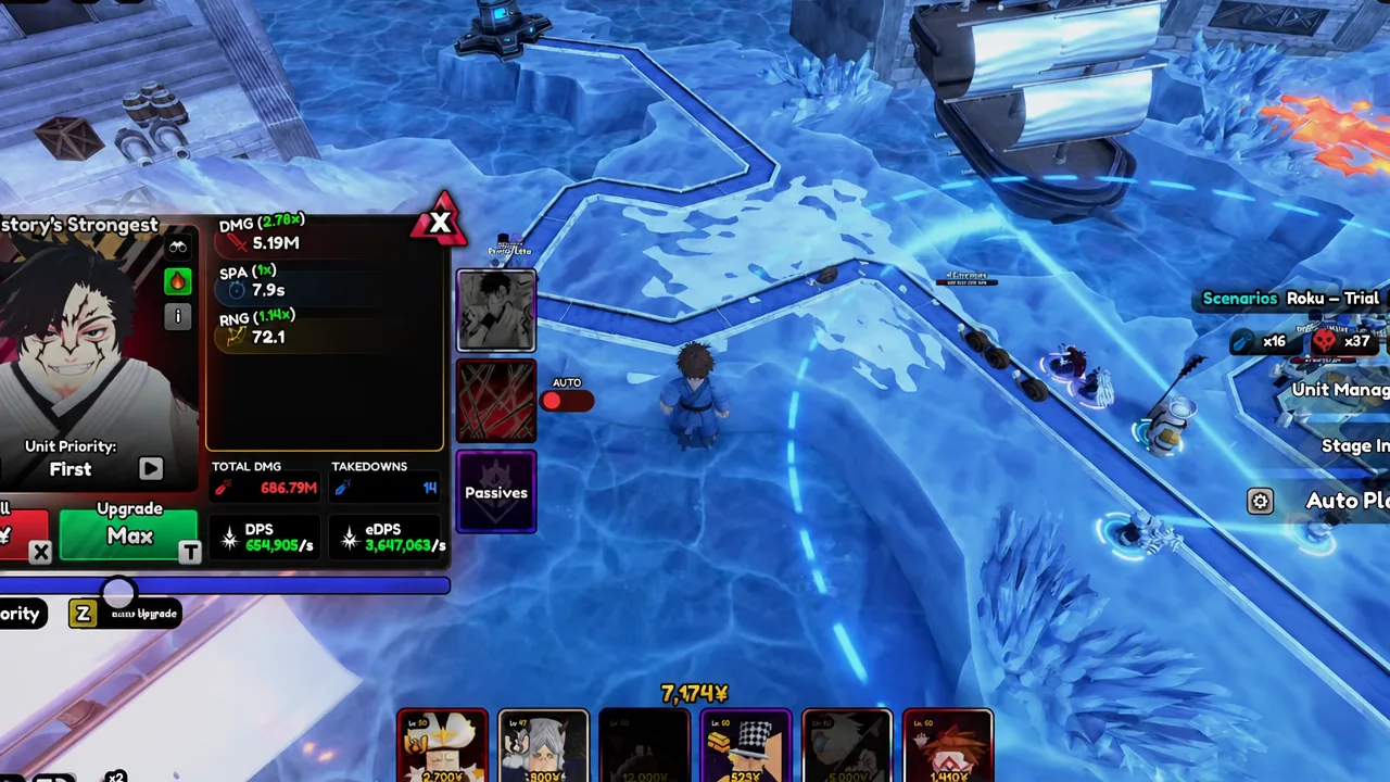 Unit panel during a trial showing the Upgrade Max button with Auto Play enabled
