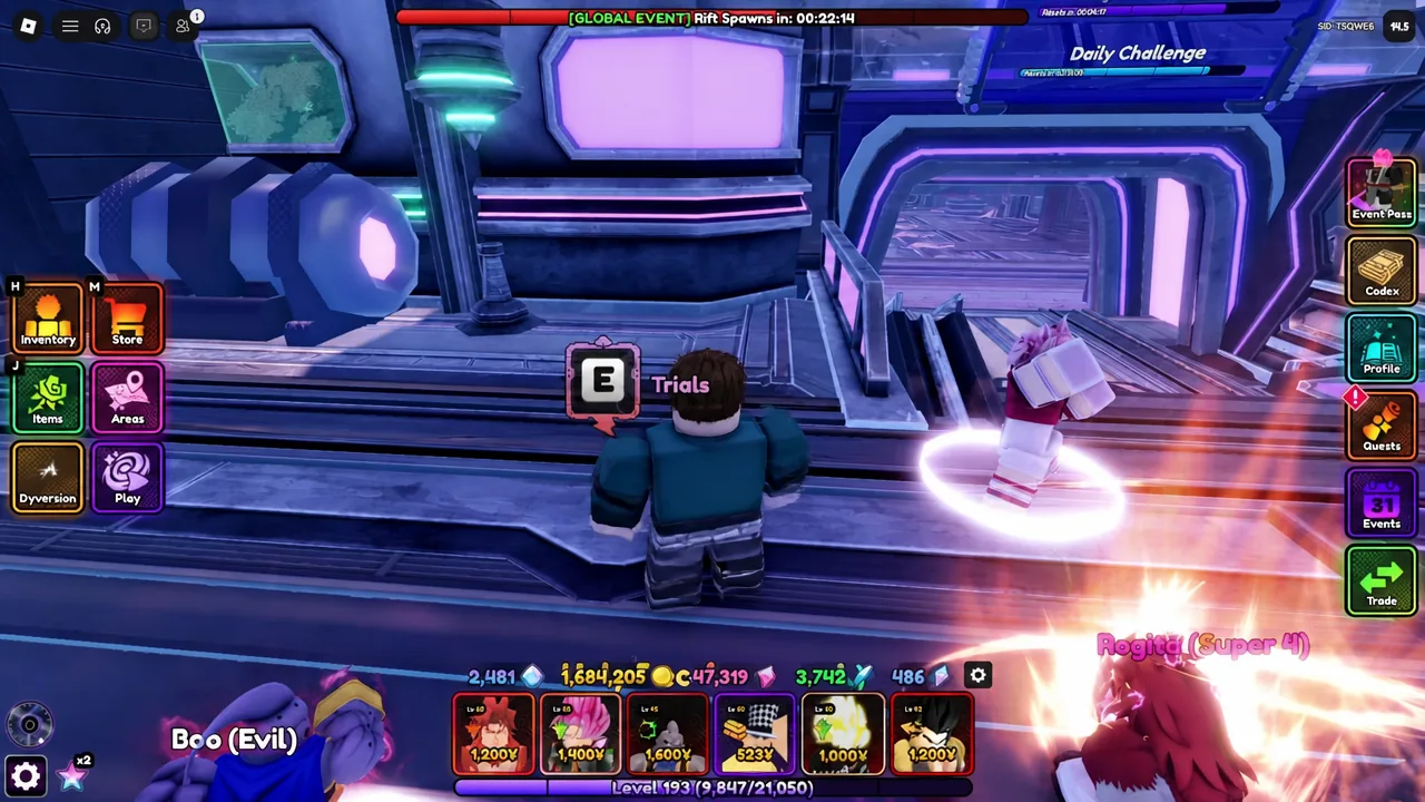 The Trials interact prompt in the lobby with the E key highlighted