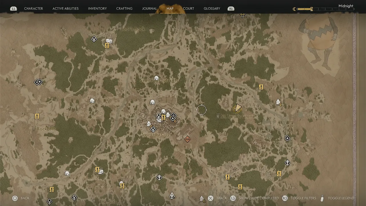 World map screen with the MAP tab highlighted while looking for the quest area in St. Tyna's Grove