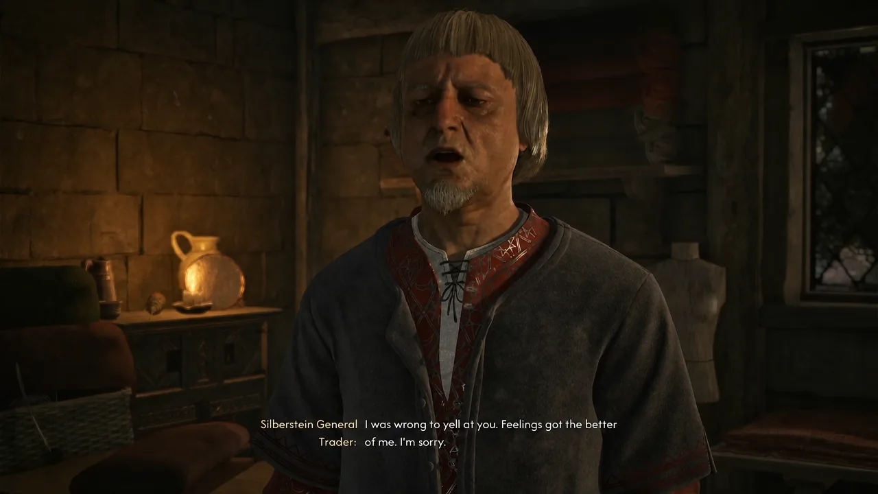 Subtitled dialogue as the Silberstein General Trader apologizes to Coen on the second visit