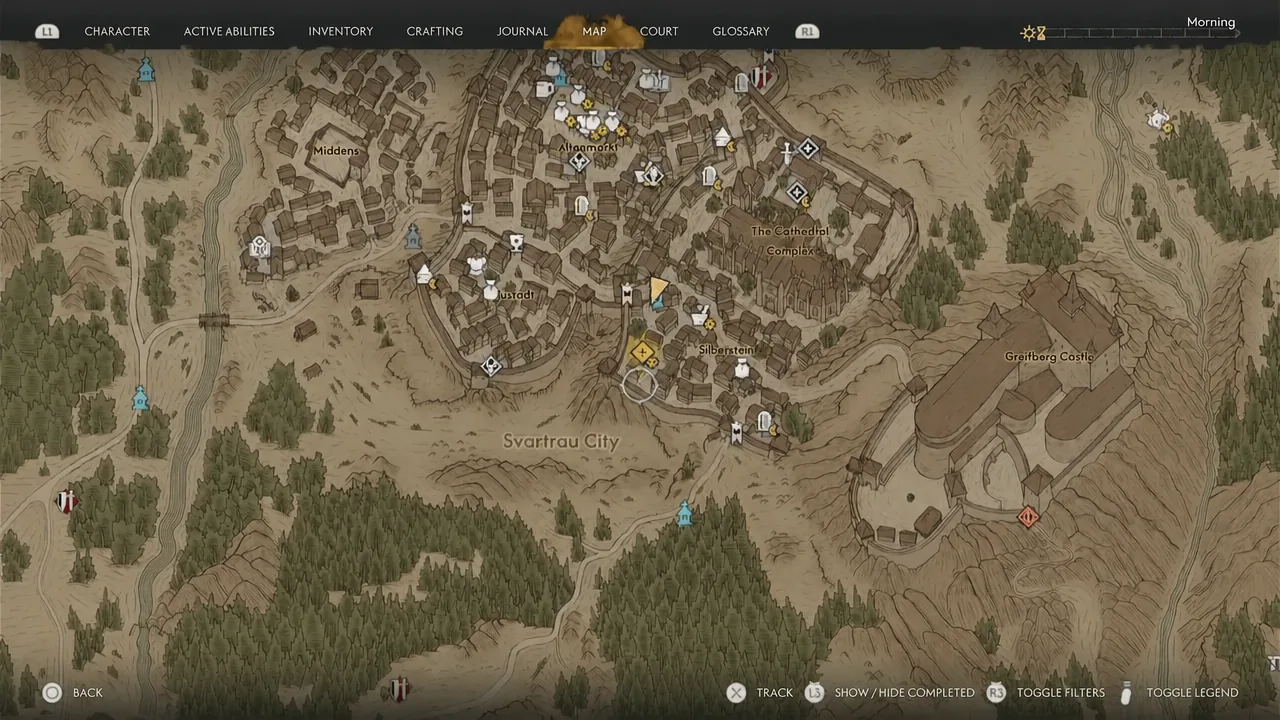 Map screen with the yellow Lost Blood marker near Silberstein selected for tracking