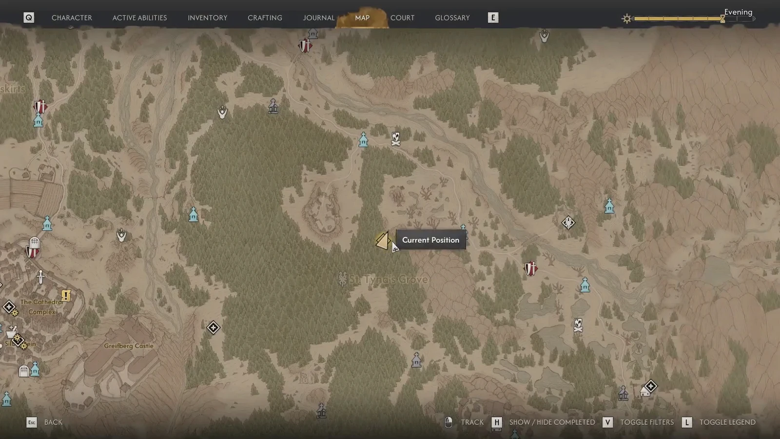 Map screen with the Current Position marker highlighted inside St. Tyna's Grove
