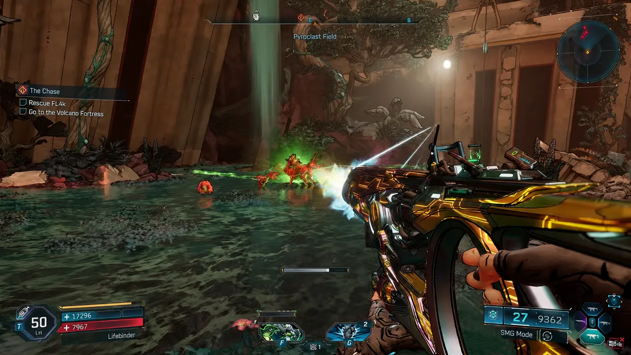 Firing an SMG at enemies in Pyroclast Field with the rescue FL4K objective on the tracker