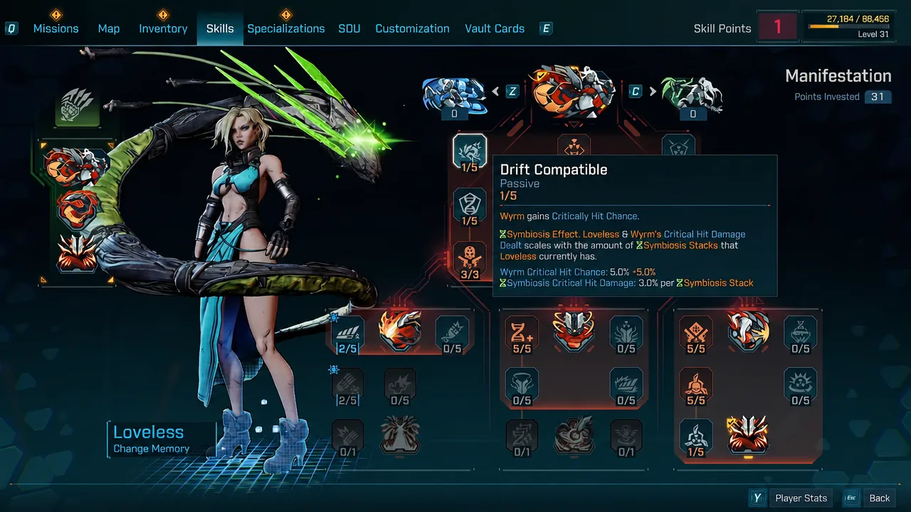 Skills menu with the Drift Compatible passive selected and its tooltip open in the Manifestation tree