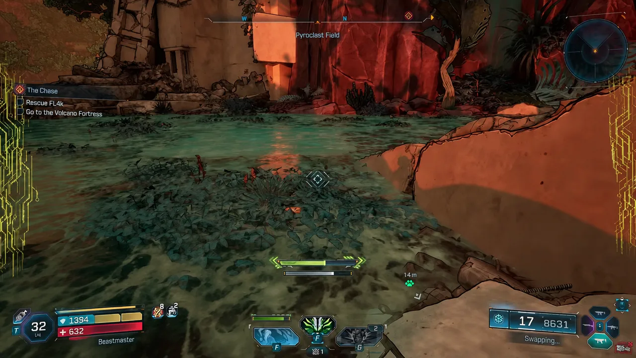 Pyroclast Field gameplay with The Chase objectives listed and a marker 14 meters ahead