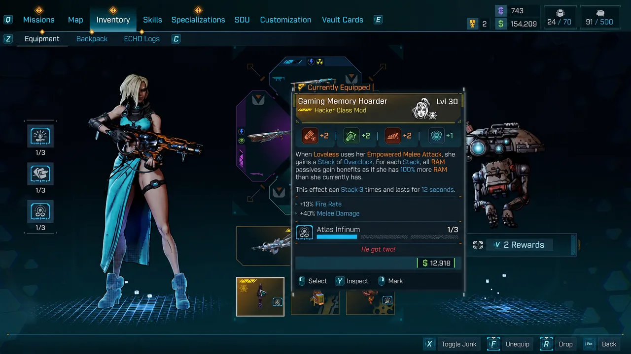 Inventory Equipment screen showing the equipped Gaming Memory Hoarder class mod and its details