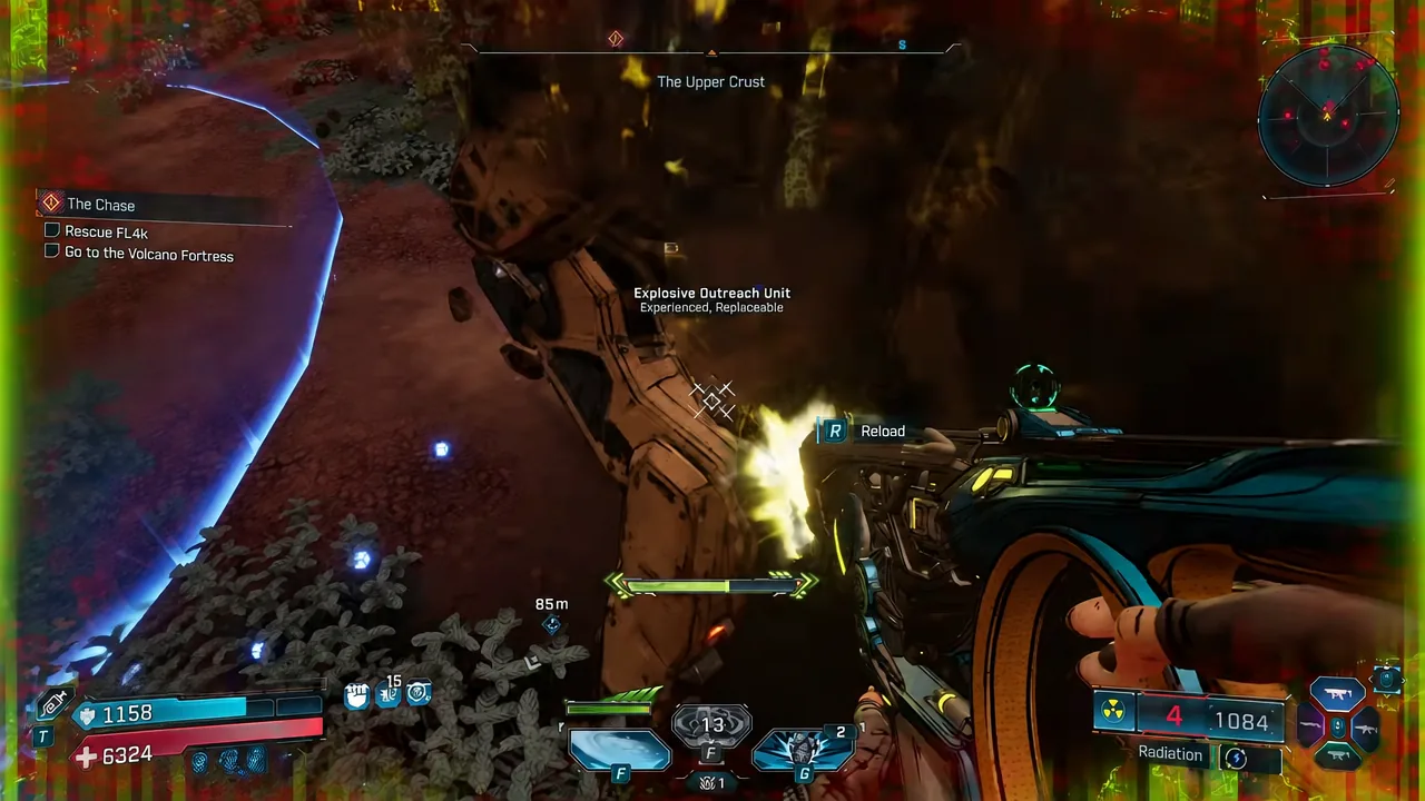 Combat in Upper Crust with an Explosive Outreach Unit targeted and the reload prompt showing