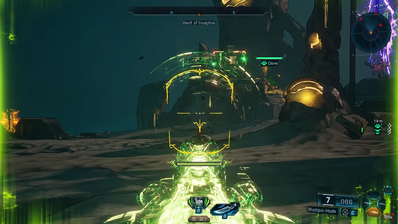 Player reticle aimed at a labeled Clone in the Vault of Inceptus while firing