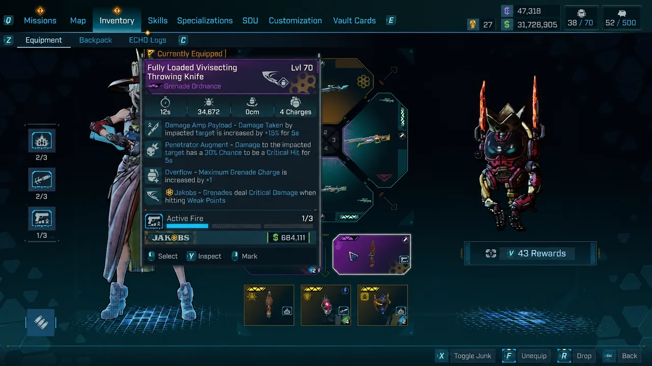 Inventory equipment panel with the Fully Loaded Vivisecting Throwing Knife details open
