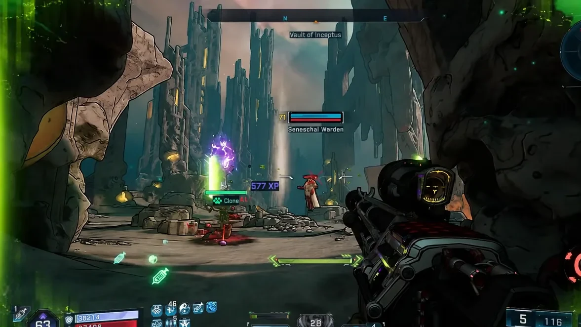 Vault of Inceptus fight with the Seneschal Warden health bar highlighted while aiming