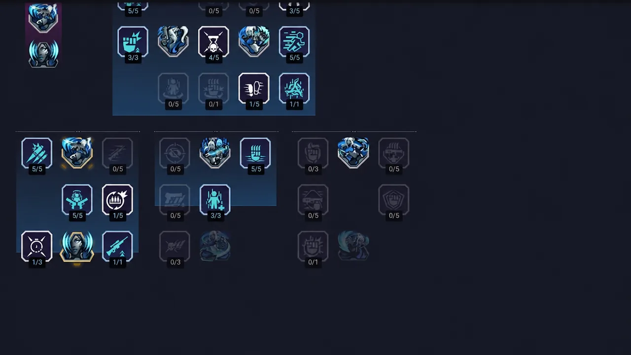 Skill Tree screen with blue Hack / Slash ability nodes highlighted and rank counters shown
