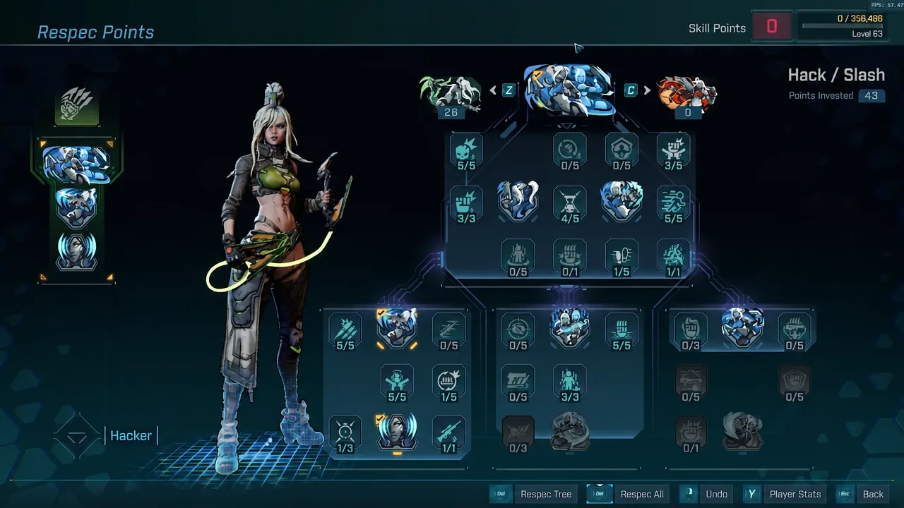 Respec Points screen with the Hack / Slash tree open and a skill node highlighted