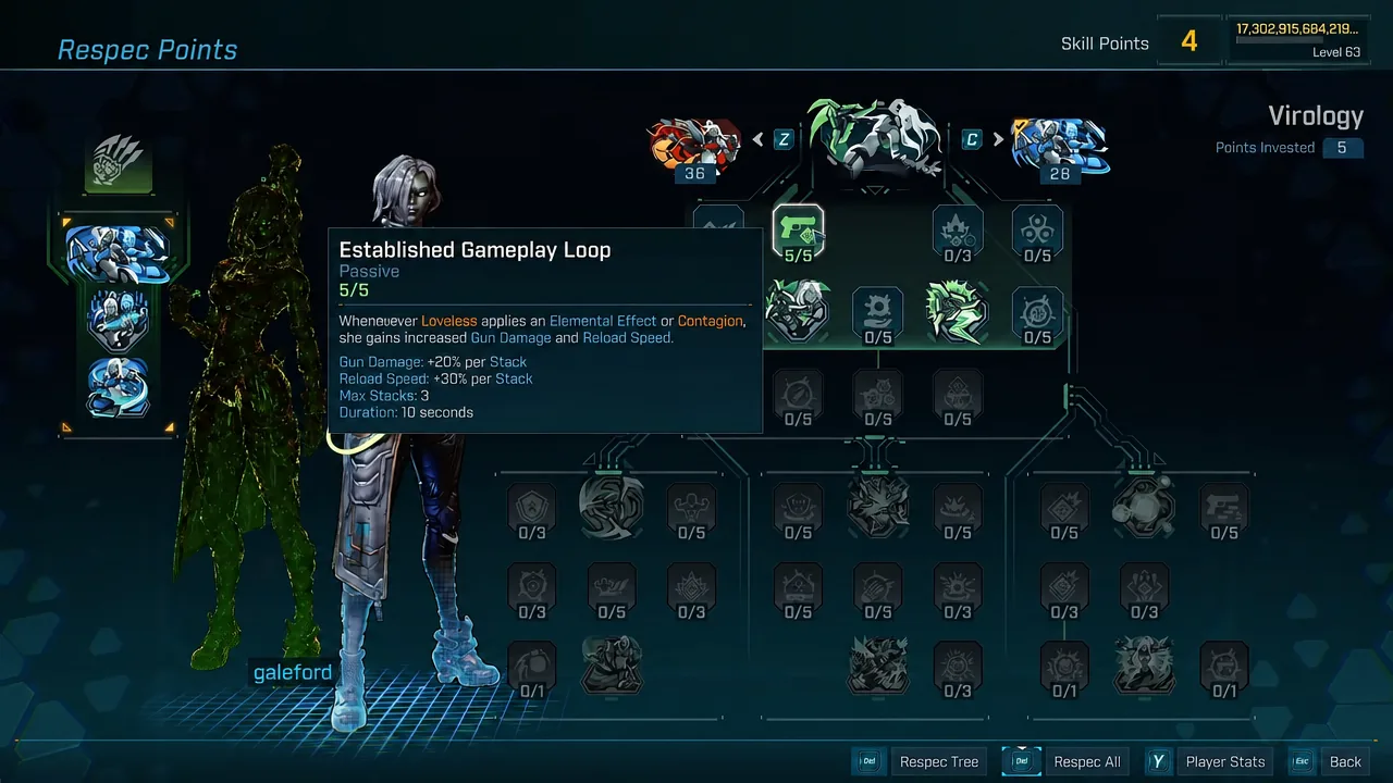 Virology tree with the Established Gameplay Loop passive selected and its description open