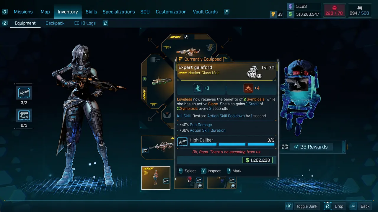 Inventory Equipment screen showing the equipped item tooltip and its rolled stats
