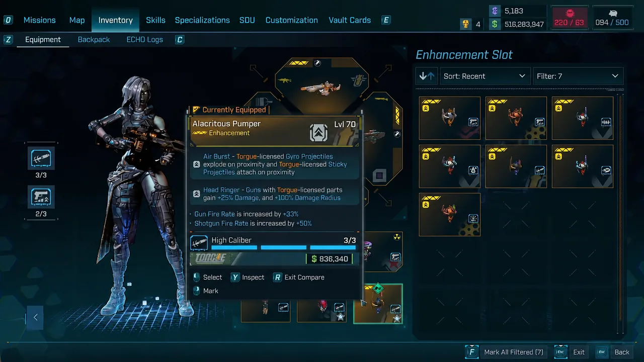 Enhancement Slot in the inventory with the Alacritous Pumper enhancement selected