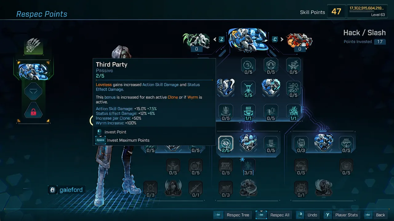 Respec Points screen with the Third Party passive highlighted while a skill point is being spent