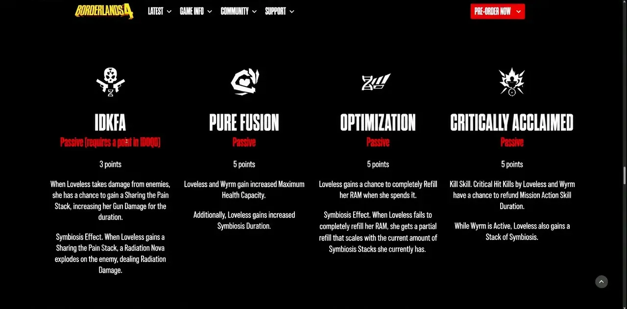 Passive skill panel listing IDKFA, Pure Fusion, Optimization and Critically Acclaimed with their point costs