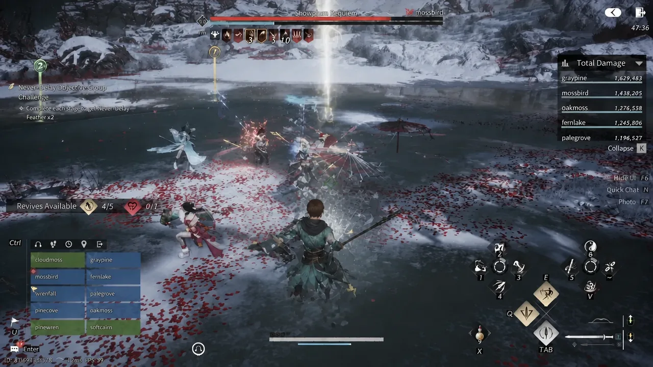 Snowplum Requiem combat with the Never-Delay Group Challenge objective active on screen